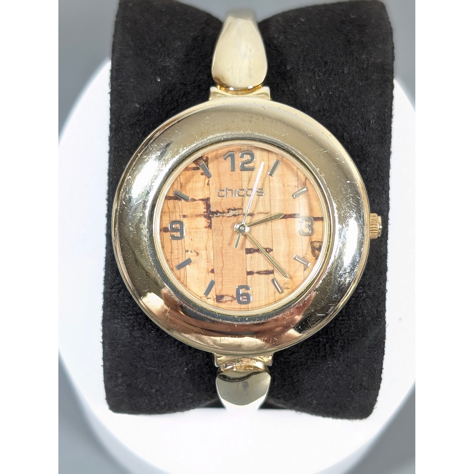 Chico's Cork Face Watch Gold Tone Hinged Cuff Bangle Statement Working 6.5"
